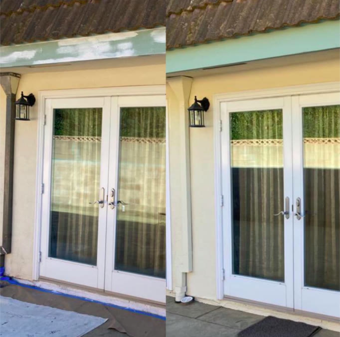Side by side: on the left a fascia board patched with white primer over pale green, a dark brown downspout and a taped, papered doorway; on the right the same fascia in one even pale green and the downspout painted cream to match the wall.