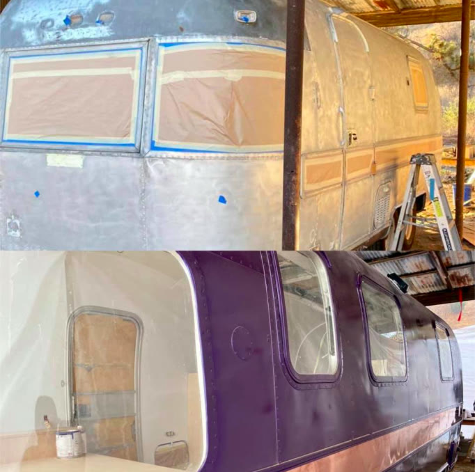 Top: a bare aluminum travel trailer with its windows masked in brown paper and blue tape. Bottom: the trailer body in deep purple, photographed inside a plastic-sheeted spray area.